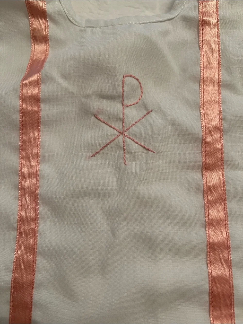 Vintage Christening Baptism Bib White Peach Satin Stripes Christogram Stitched